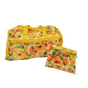 Vintage Lesportsac Yellow Orange Floral Weekender Duffel With Pouch